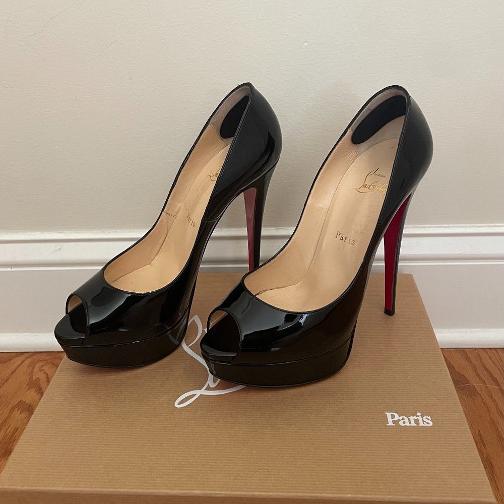 Black Christian Louboutin Heels - Lady peep 150 patent calf black pump heel
